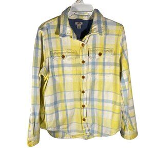 L.L.Bean Soft Yellow light Blue Plaid Cotton Flannel Shirt jacket S